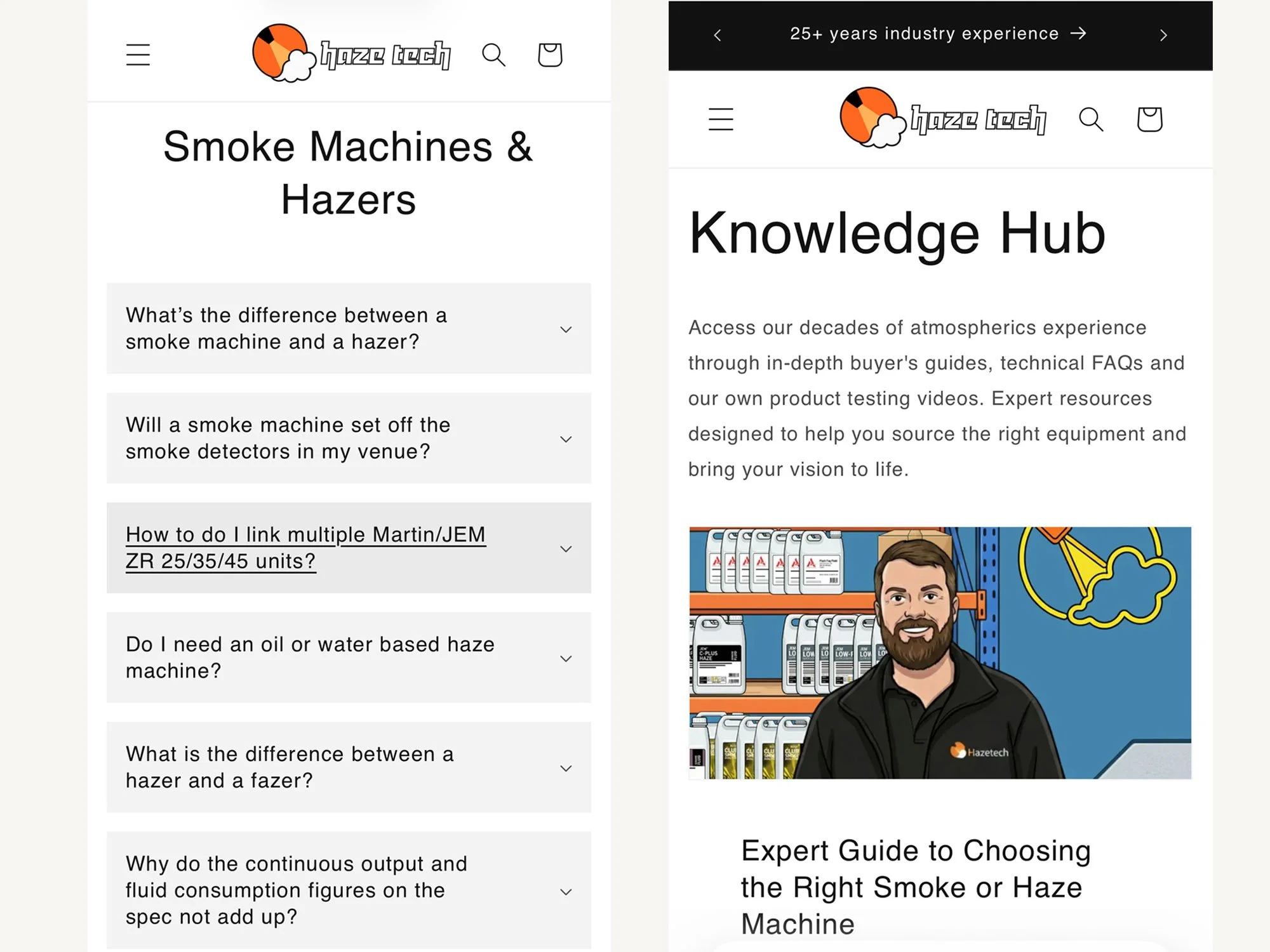 Knowledge Hub page and product expertise section on Hazetech Shopify site