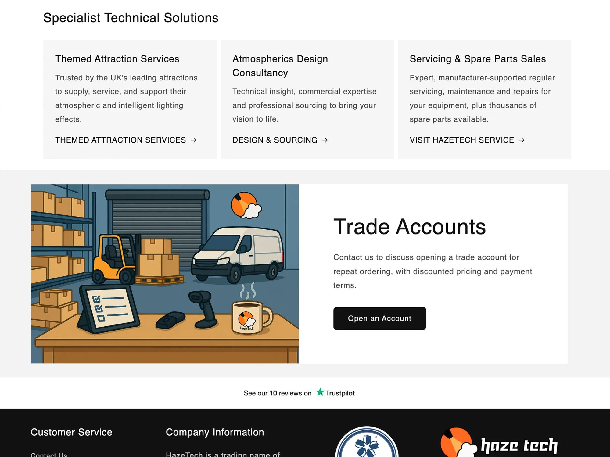 Detail of trade account block and specialist services highlight