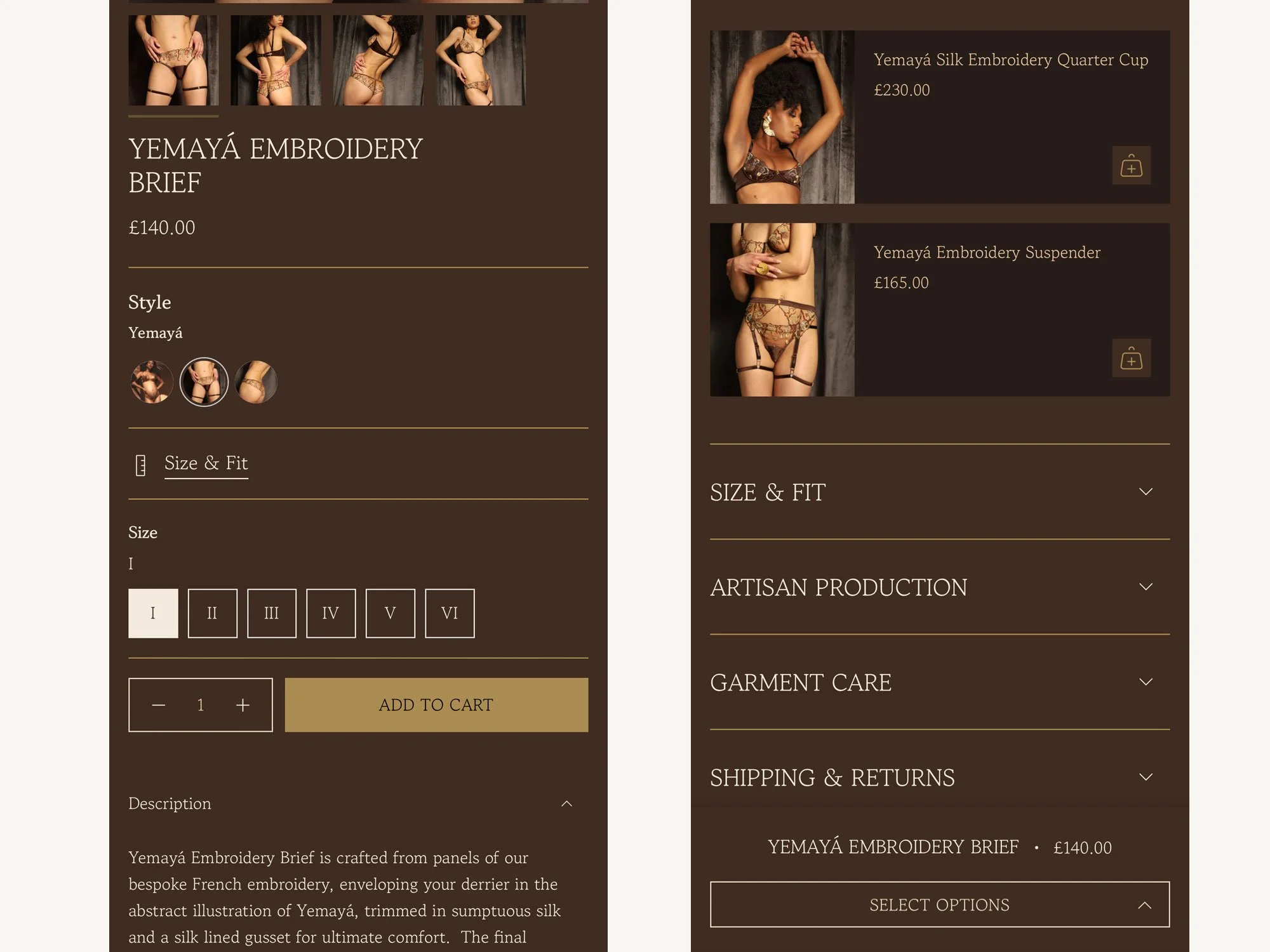 Detail of mobile product page, with add-on products and visual switching between colours