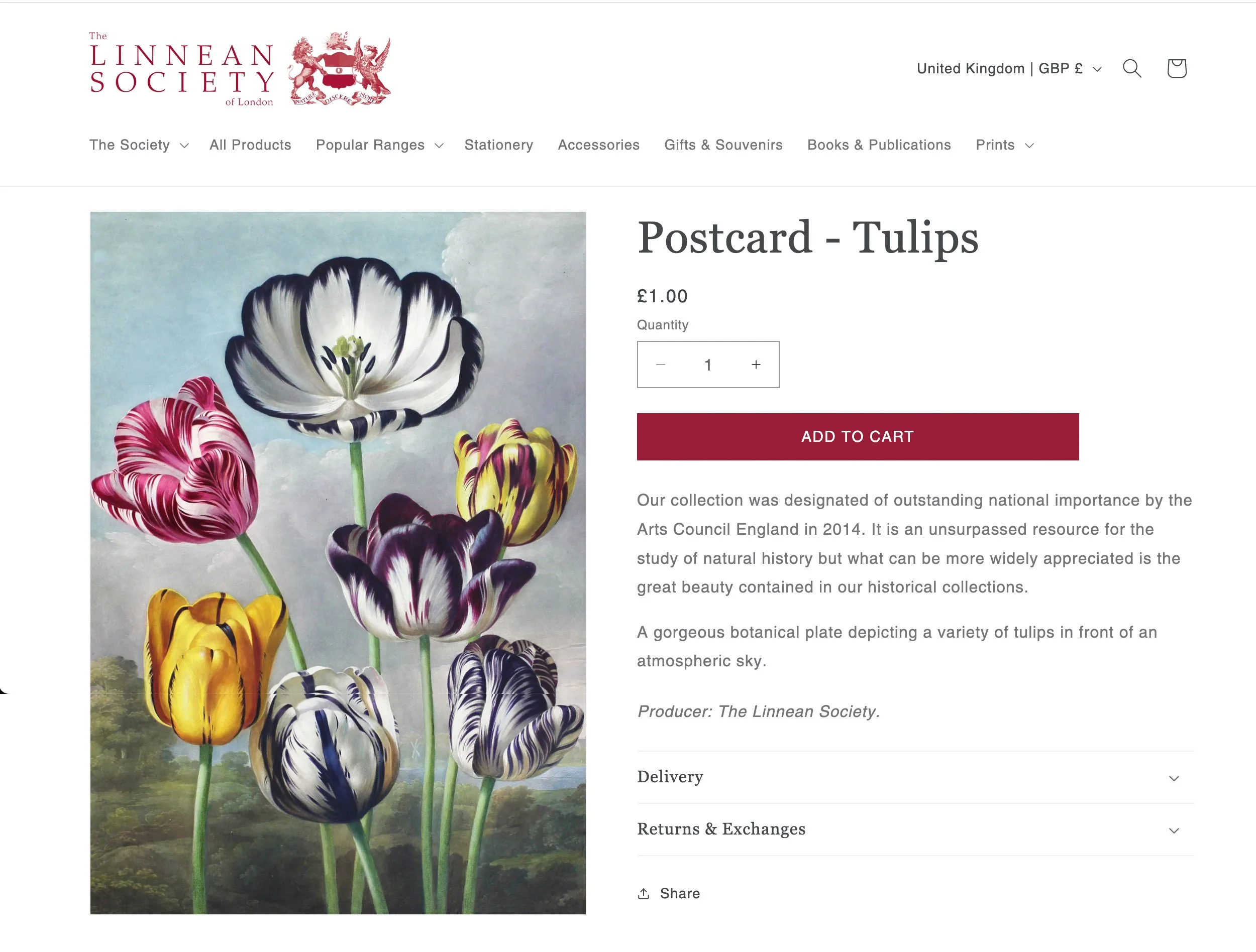 Product page with large image, clear add to cart button and delivery info