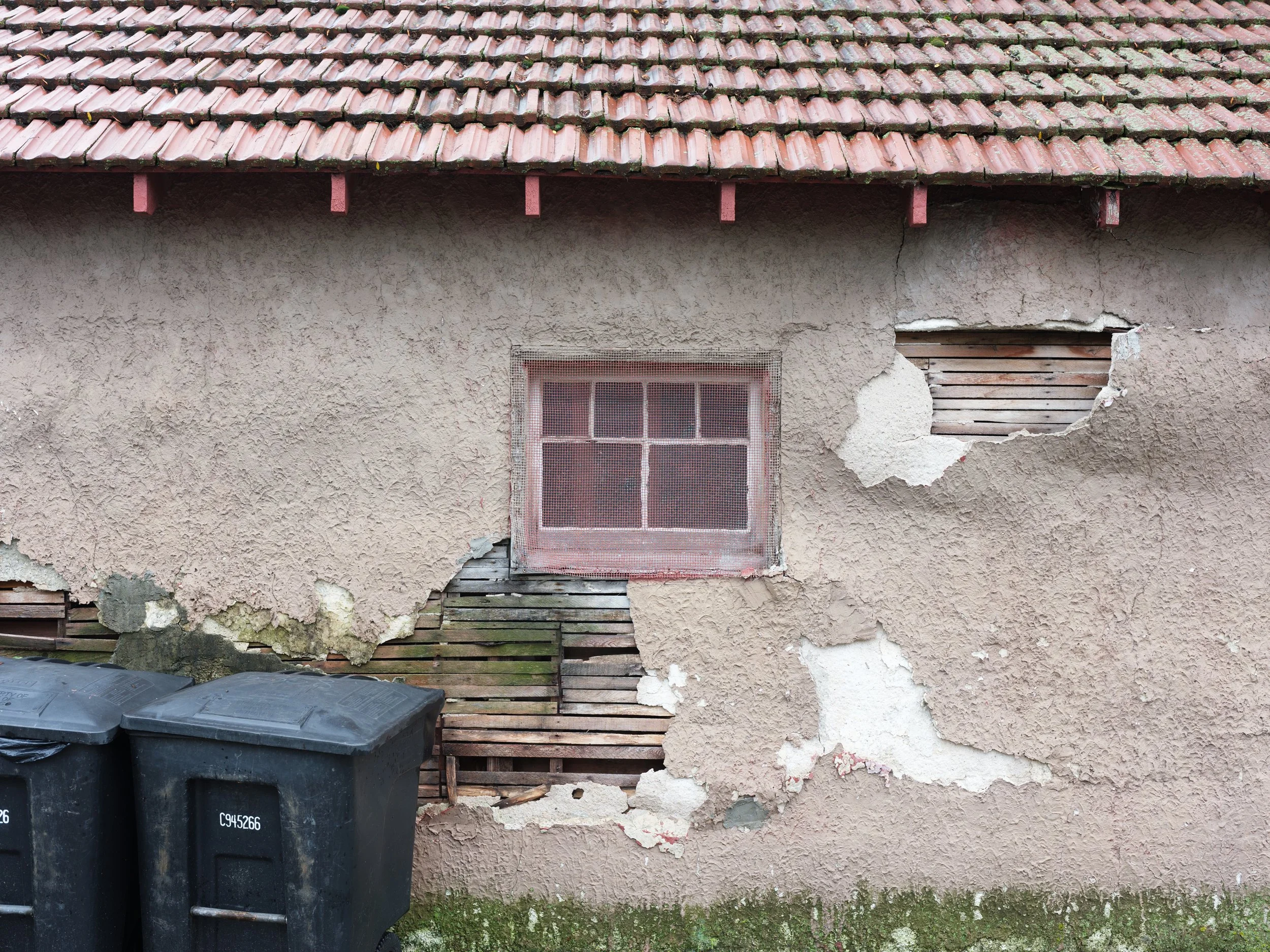 A weathered house wall with peeling beige stucco, cracks, and holes revealing underlying wooden laths. There is a small window with a pink frame and mesh screen, and two black trash bins in front of the wall, with moss growing along the bottom edge.