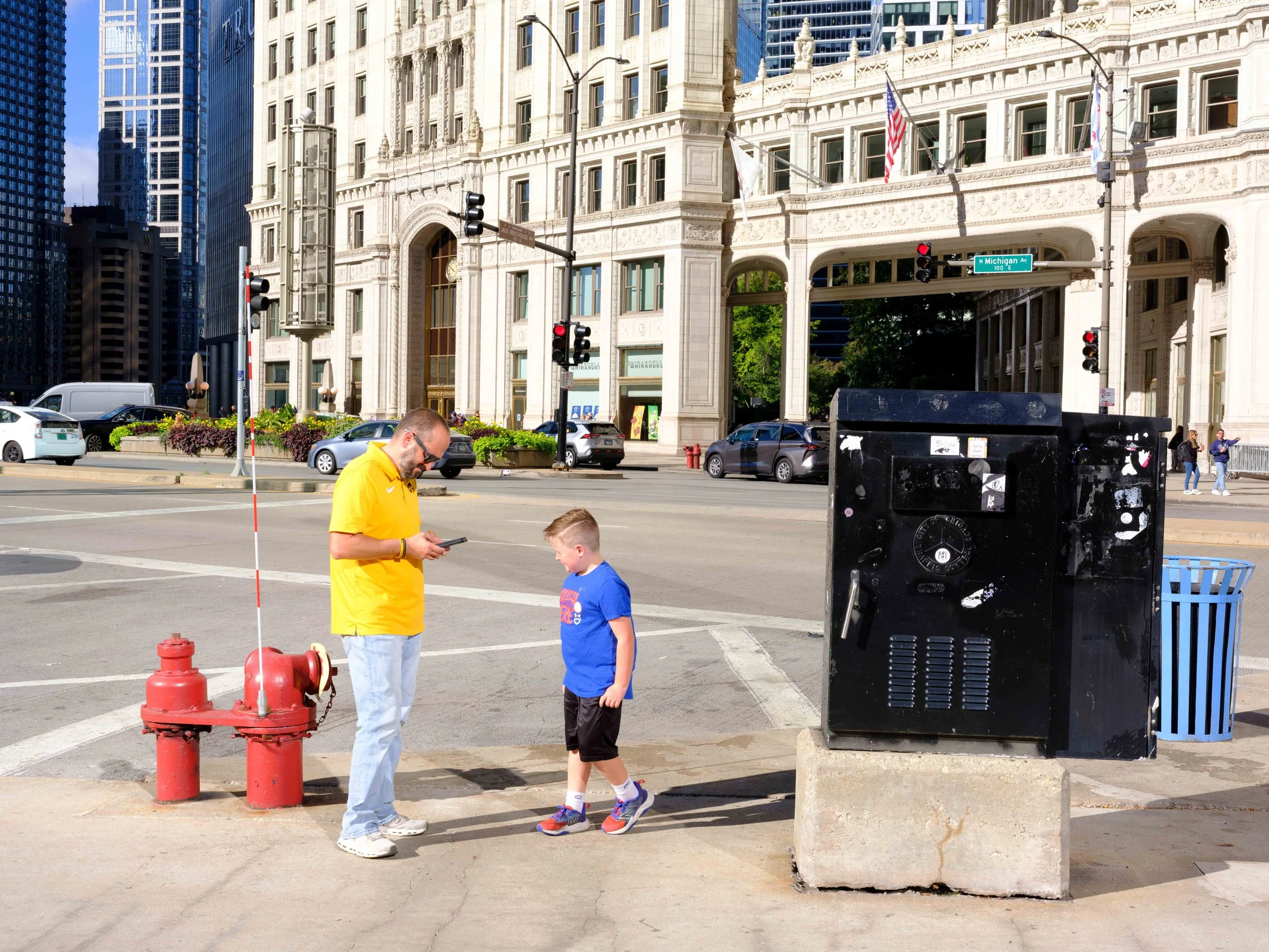 Man and boy standing on sidewalk in front of a large, historic building with flags, traffic lights, and passing cars, with a fire hydrant and trash can nearby.