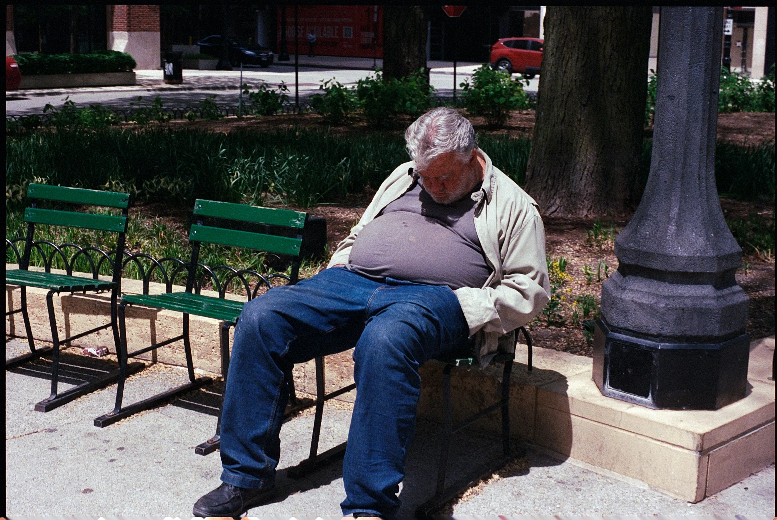 An older man with gray hair sleeping on a green park bench in an urban park, with trees, a sidewalk, and parked cars in the background.