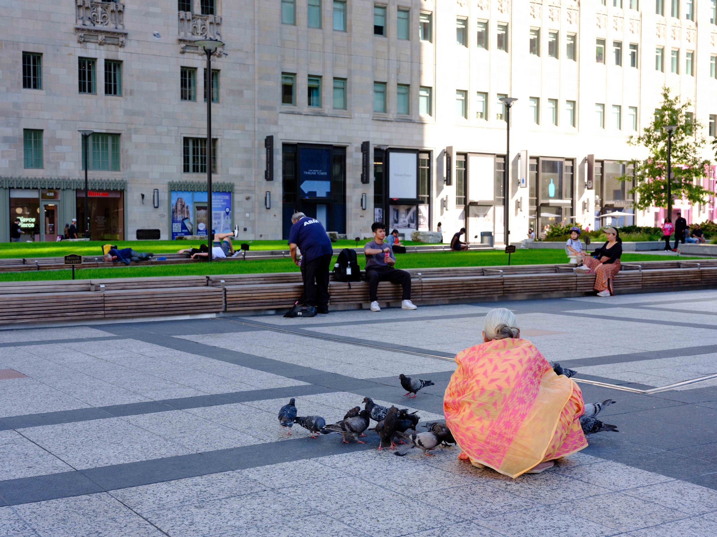 An elderly woman crouches on the sidewalk feeding pigeons with a group of pigeons gathered around her. In the background, people rest on benches, a man stands with his back to the camera, and a woman with a child sit on a bench. There are buildings, 