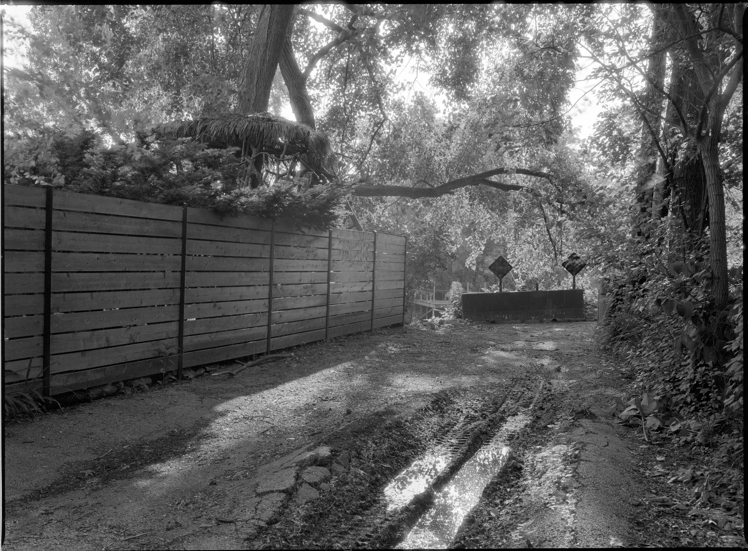 A dirt path with tire tracks, surrounded by trees and foliage, with a wooden fence on the left and a concrete barrier with signs in the distance.