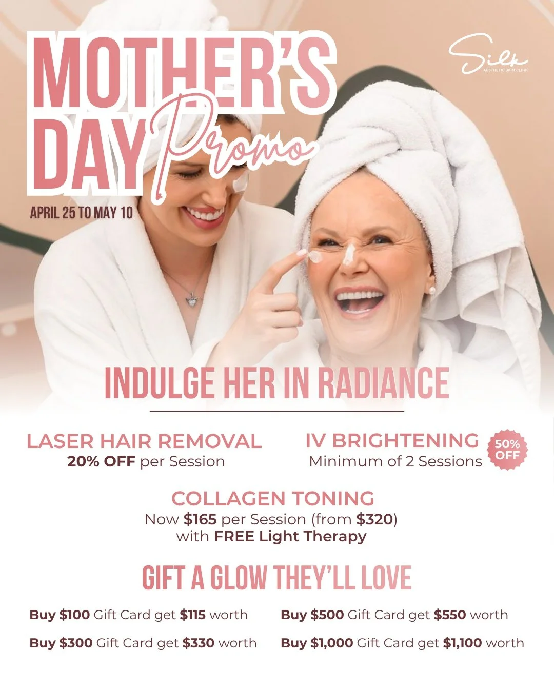 Still thinking about what to get her? This is your sign. 🌸

Skip the usual gifts and give her something she&rsquo;ll actually enjoy, real results, real glow, and time to feel like herself again.

Our Mother&rsquo;s Day Promo is designed for exactly 