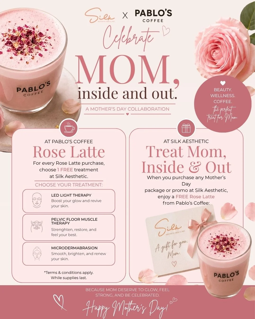 💐 Mom deserves more than flowers this year.

That&rsquo;s why Silk Aesthetic and Pablo&rsquo;s Coffee teamed up to create the perfect Mother&rsquo;s Day experience, self-care, wellness, and coffee all in one. ☕✨

Purchase a Rose Latte at Pablo&rsquo