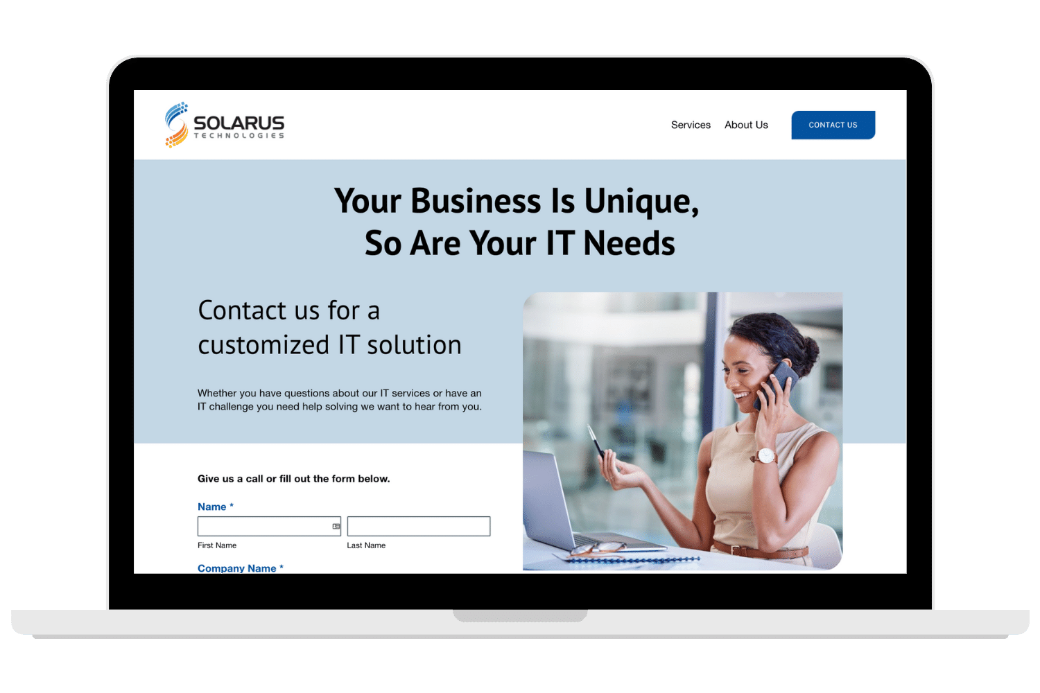 Solarus Technology contact page - Squarespace Website Design.png