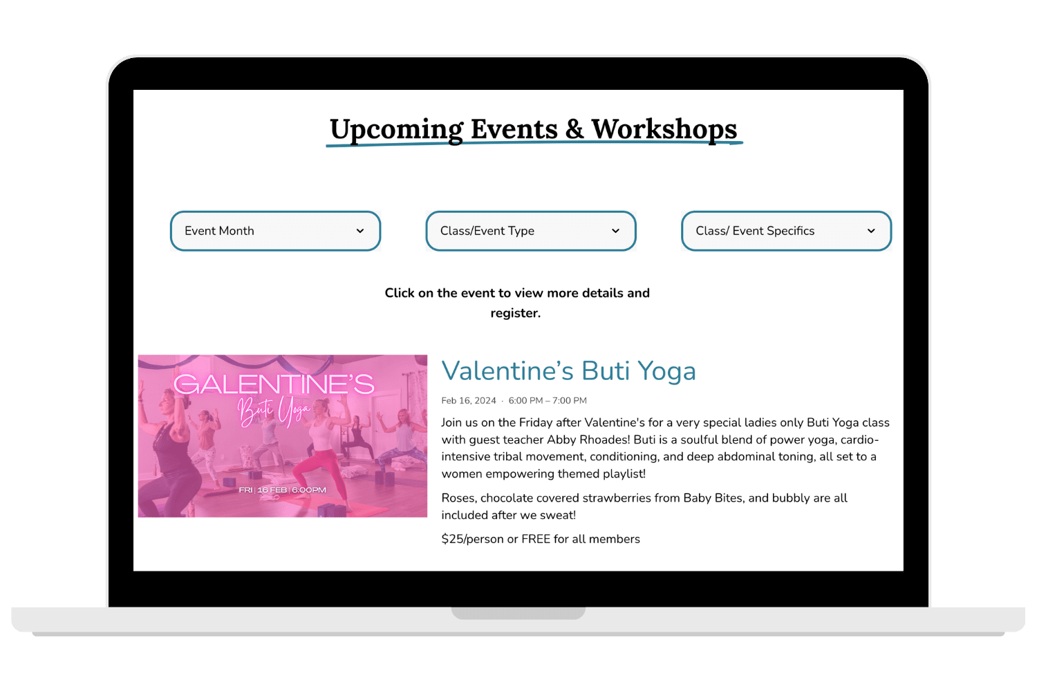 Events page with categorization and filtering.png