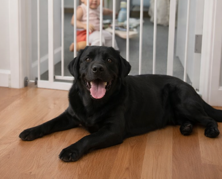Black labrador retriever lays in front of a baby gate with a bbay playing behind the gate with toys