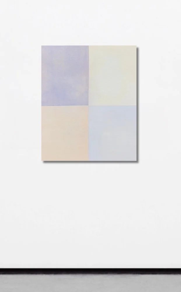 soft ethereal abstract painting grid quadrants soft lavender, orange, and yellow minimislm