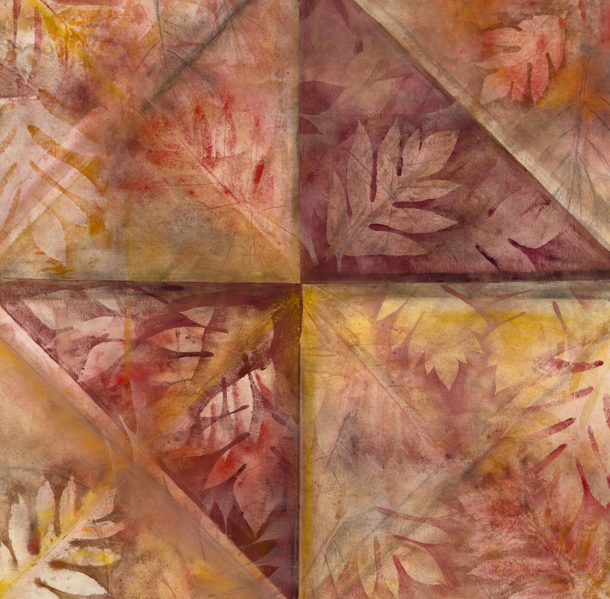 Abstract watercolor painting with warm tones of pink, red, yellow, and brown, depicting leaves and geometric shapes.