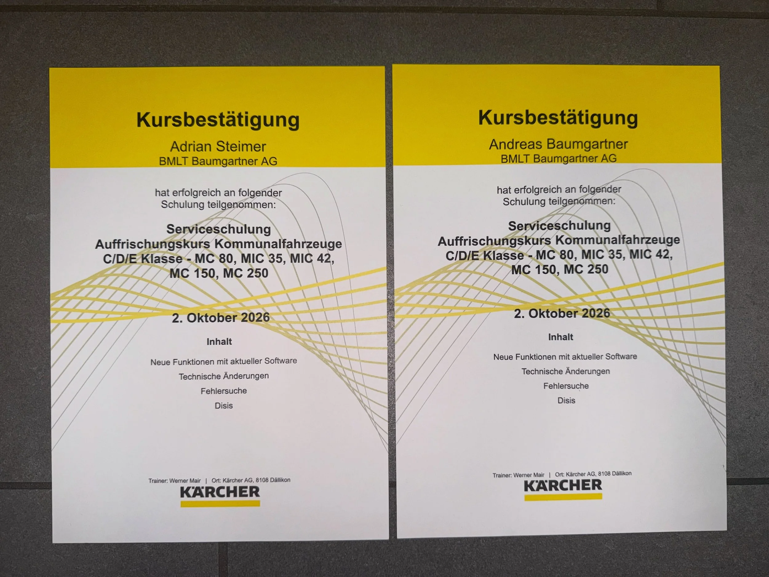 🔧 Weiterbildung, die z&auml;hlt!

Letzte Woche durften wir bei K&auml;rcher die Serviceschulung &laquo;Auffrischungskurs Kommunalfahrzeuge C/D/E-Klasse&raquo; absolvieren. Im Fokus standen die Modelle MC 80, MIC 35, MIC 42, MC 150 und MC 250.

F&uum