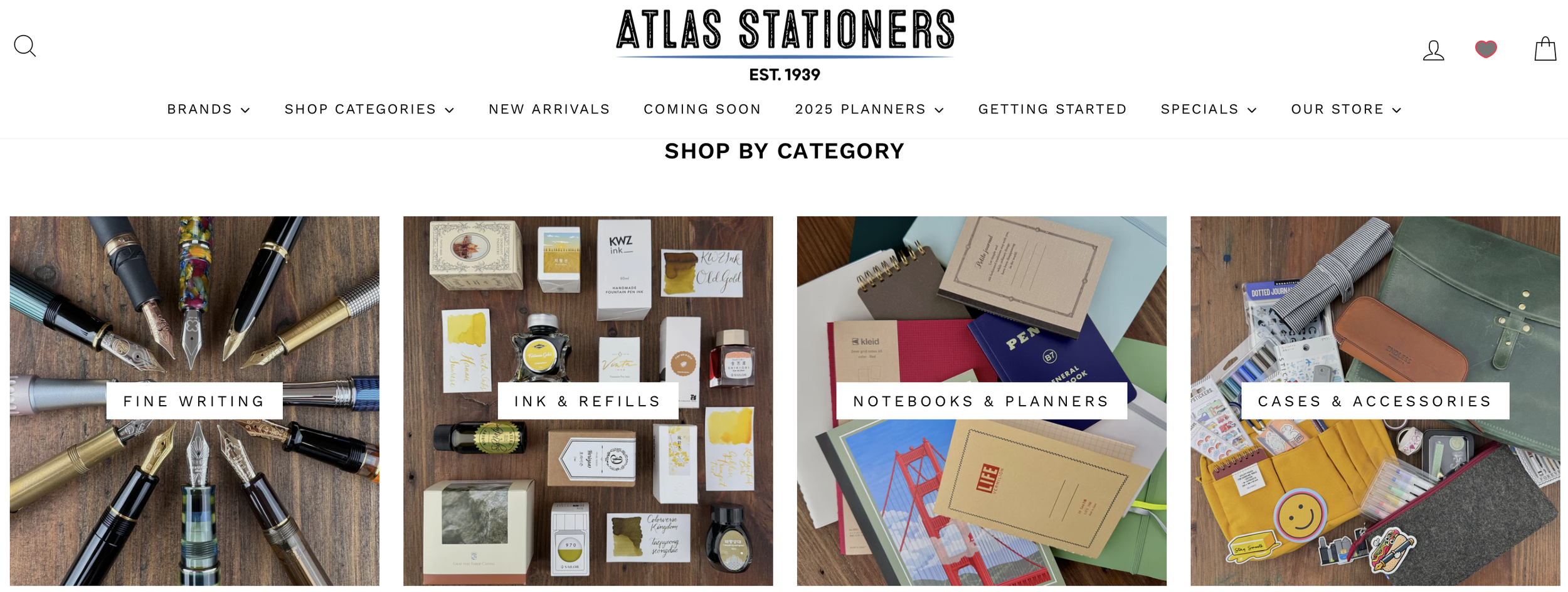 Picture of the Atlas Stationers website featuring various categories