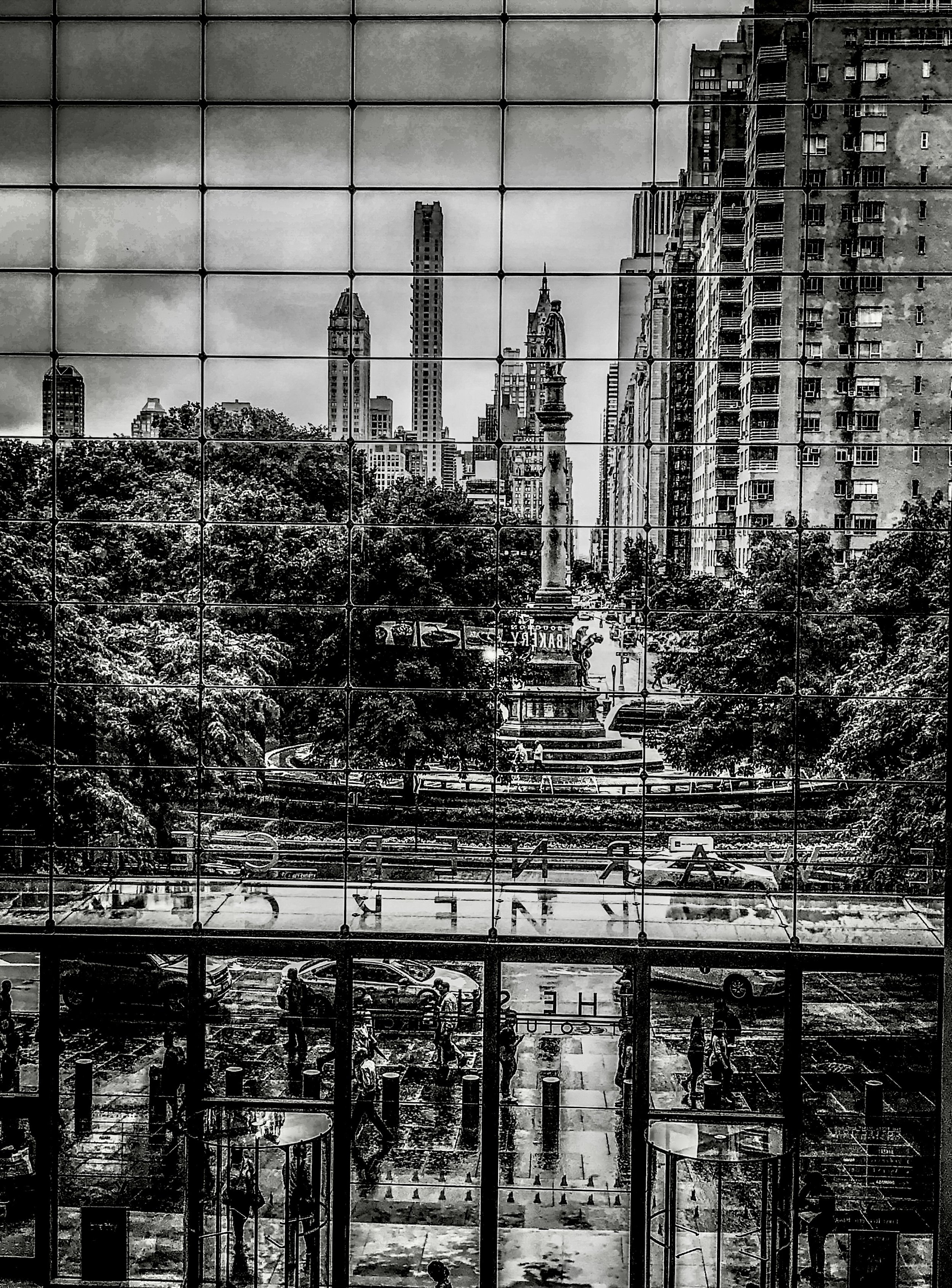 Window to Columbus Circle in Manhattan, New York City, Black and White, Photo by PJay Plutzer, Prisoner of Rock and Roll Photos