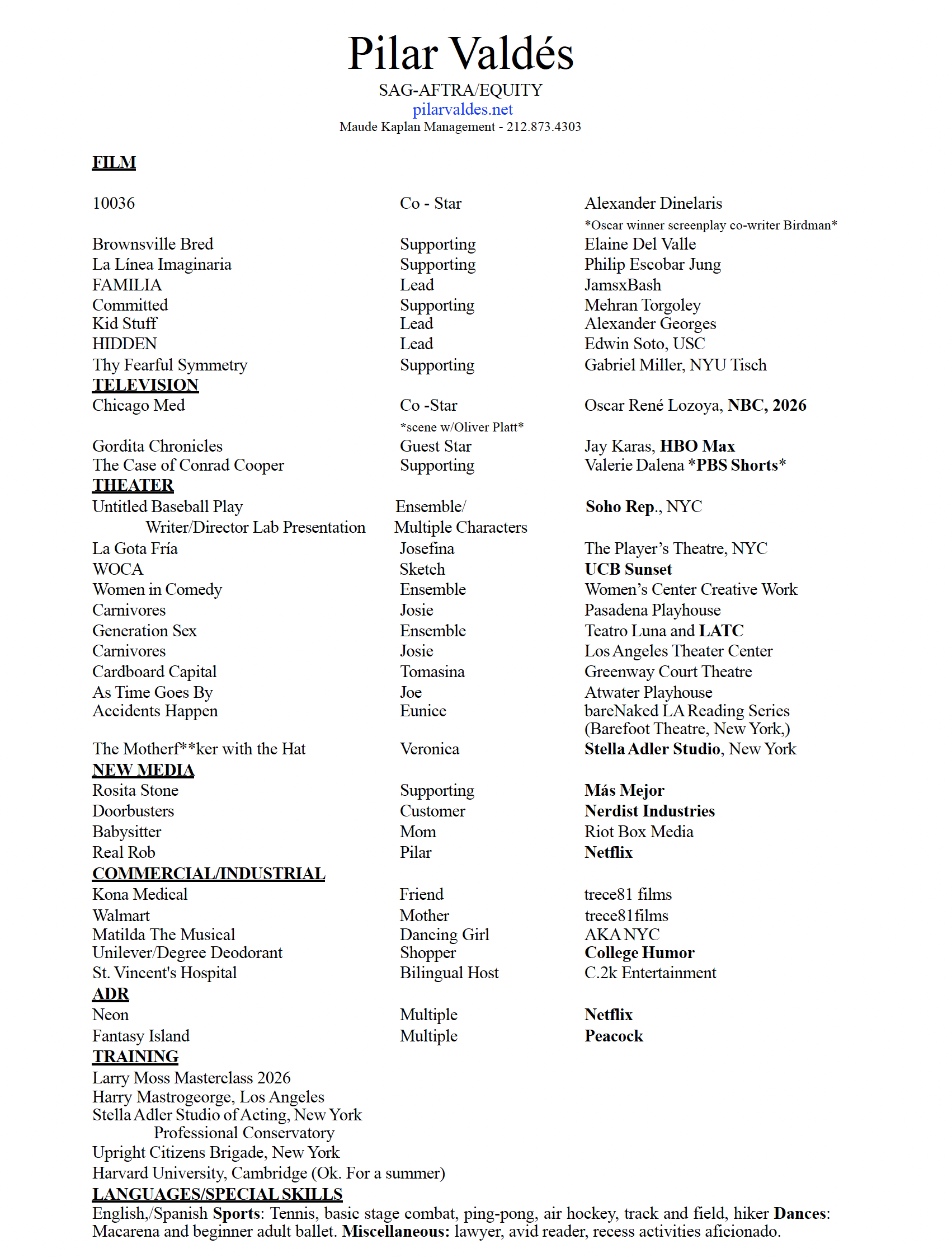 A resume for Pilar Valdés, listing her work in film, television, theater, commercial/industrial, training, and ADR, along with her skills, languages, sports, dances, and miscellaneous activities.