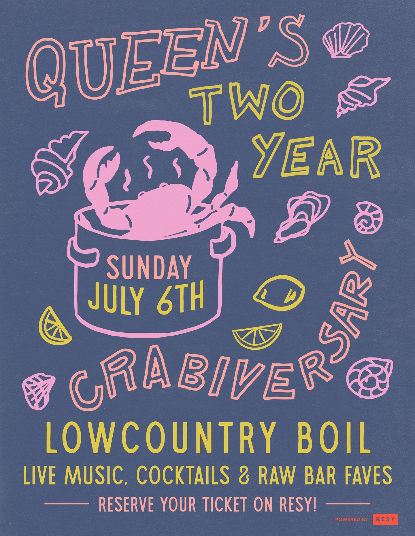 It&rsquo;s our 2-year CRABIVERSARY, presented by @resy, and we&rsquo;re throwing a Lowcountry Boil at Queen&rsquo;s Raw Bar and Grill, Sunday July 6th 12-6pm.
We&rsquo;ll have live music, cocktails and all your raw bar faves.
🦪🦐🍸

Tickets availabl