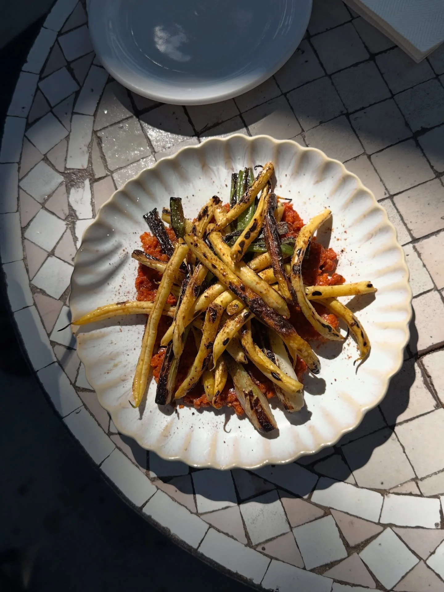 late summer menu edition! blistered yellow wax beans w. scallions, romesco sauce & morita-onion powder