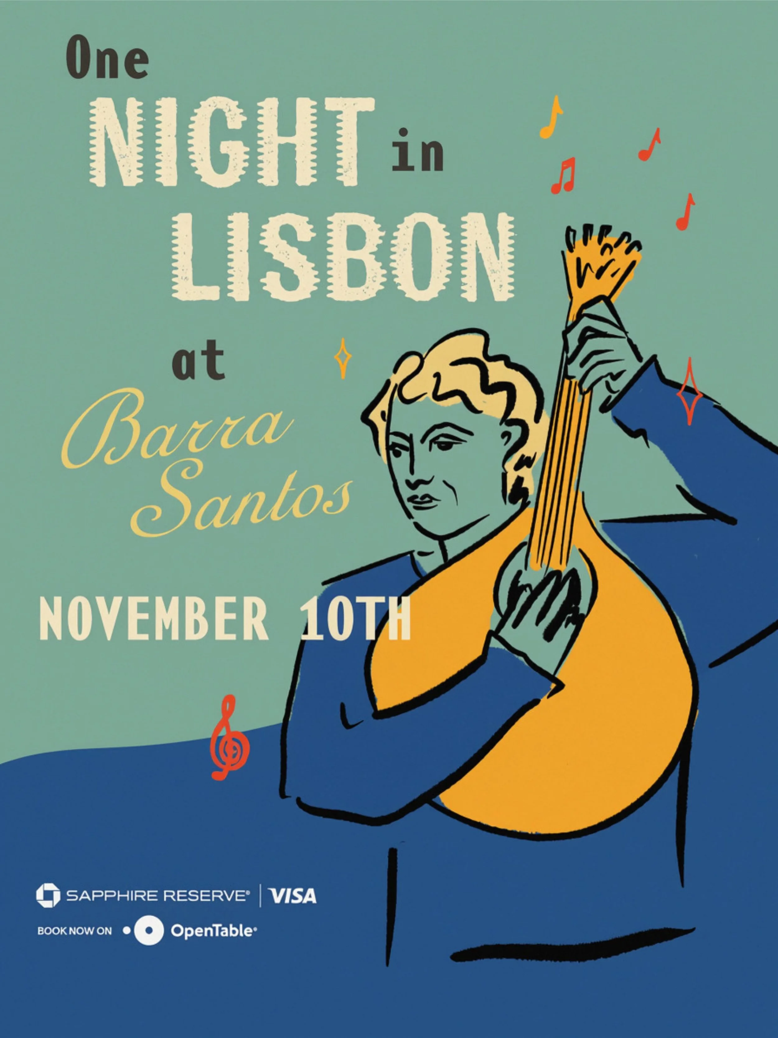 #ChaseSapphirePartner&nbsp;🇵🇹Tuesday, November 10th, join us at Barra Santos for One Night in Lisbon!

We&rsquo;re starting the night with a lively sidewalk aperitivo, Portuguese wine + warm street snacks, before dinner service.&nbsp;Inside, white 