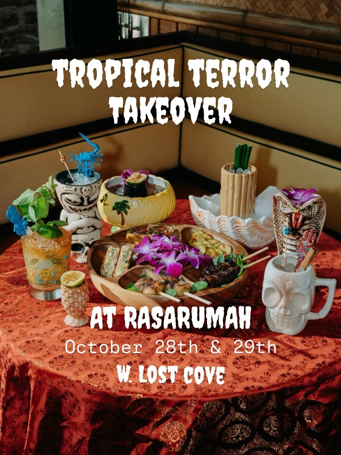 Lost Cove &ldquo;Tropical Terror&rdquo; @rasarumah 10/28+ 10/29! 🌴 🎃 💀
 A spine tingling Halloween takeover of Rasarumah featuring tropical cocktails 🍹 from @lostcovetiki &amp; pupu platters from Johnny Lee + Special collab with @uglydrum featuri