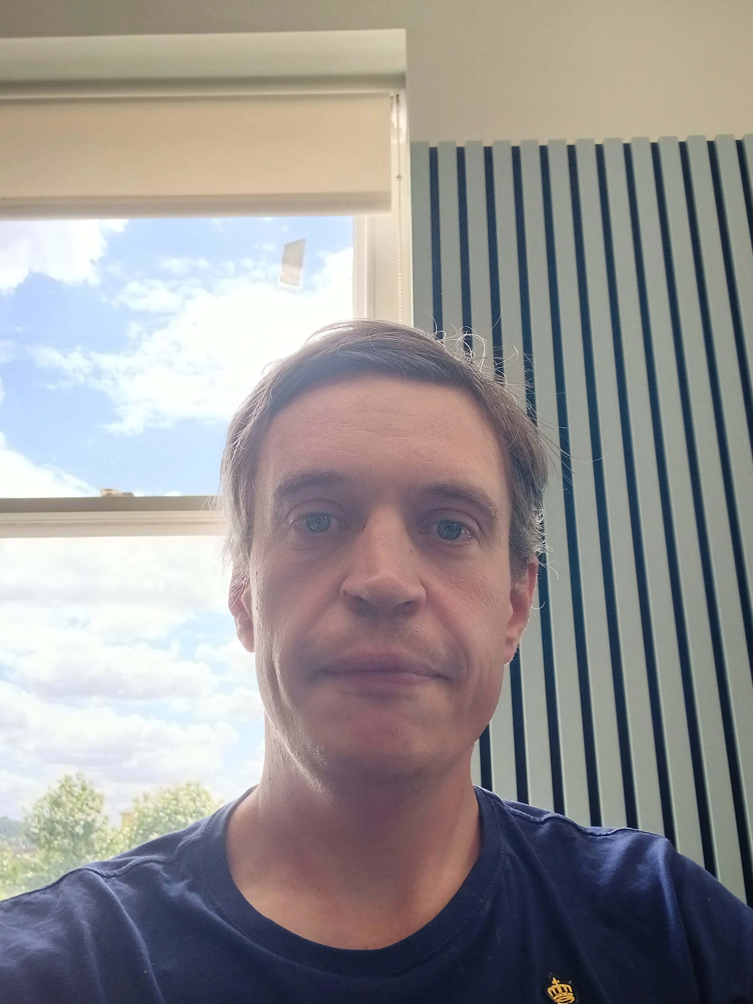 Close-up of a man with short hair and blue eyes, wearing a dark shirt with a small yellow emblem, sitting indoors near a window with a view of a cloudy sky and trees.