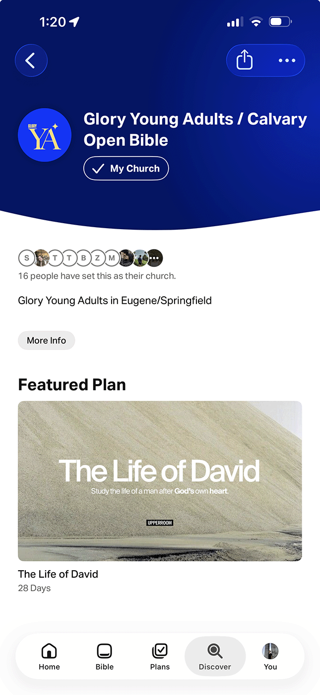 Screenshot of a mobile app showing a church group called 'Glory Young Adults / Calvary Open Bible' with 16 members, located in Eugene/Springfield. The featured plan is titled 'The Life of David,' lasting 28 days, with a background image of a desert landscape.