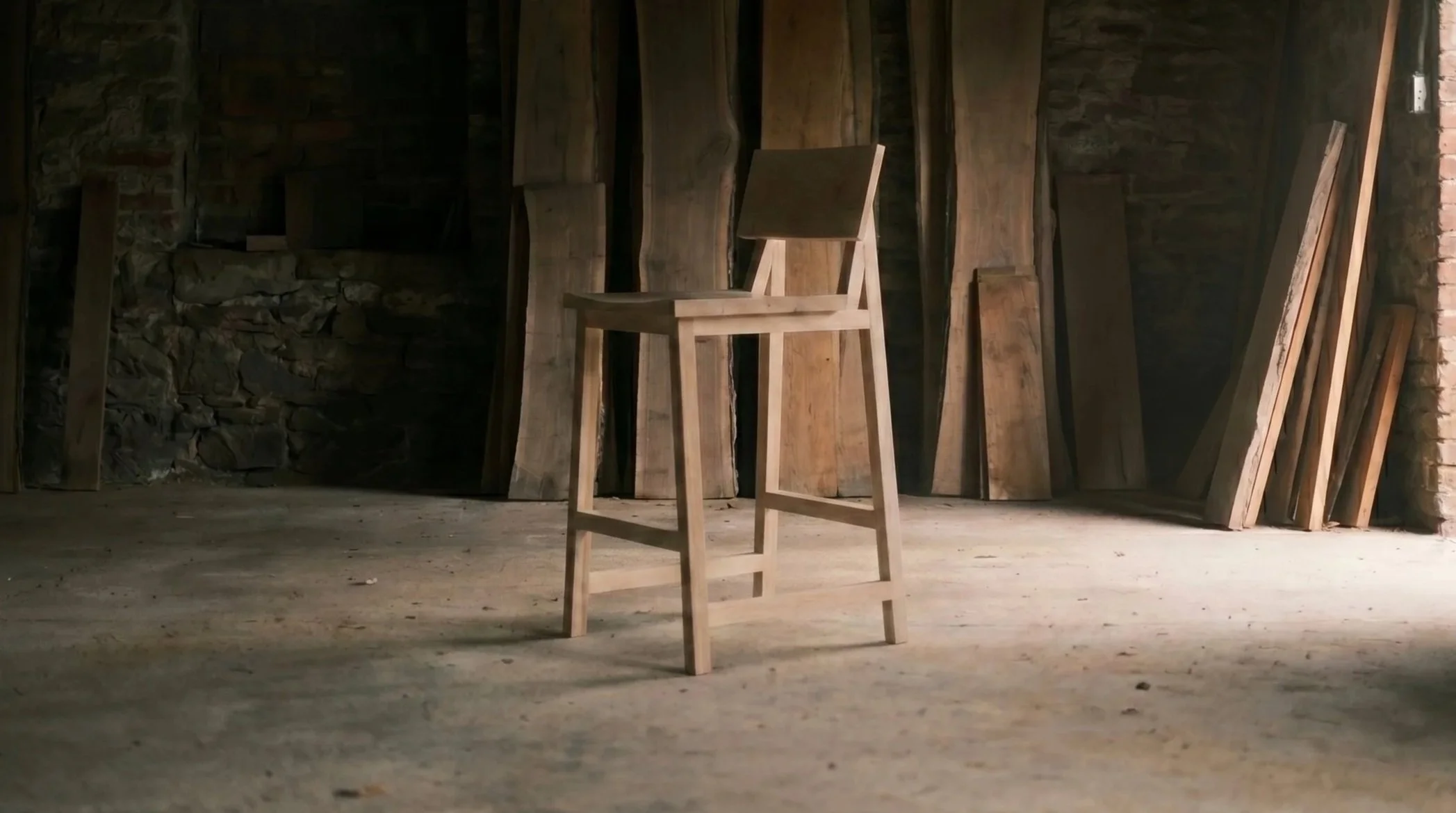 Un tabouret pour ilot de cuisine en bois de merisier dans une pièce sombre avec des planches de bois empilées en arrière-plan.