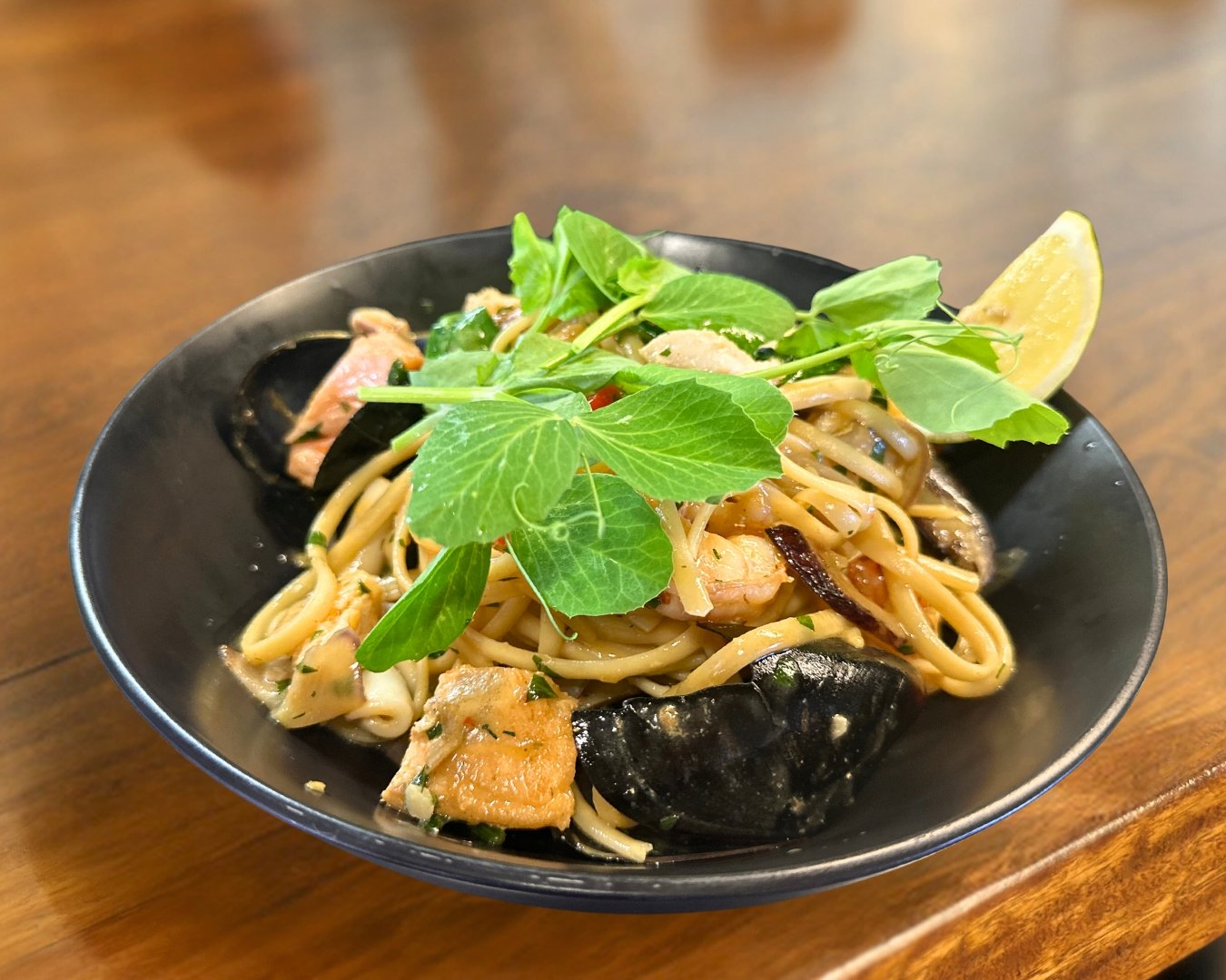 A Local favourite! Our Seafood Linguini. 

We serve Lunch &amp; Dinner every day and Breakfast Thurs-Mon. 

Book your table: https://www.wharfbarballina.com.au/book

#wharfbarballina #ballinansw #ballinaseafood #ballinalocal