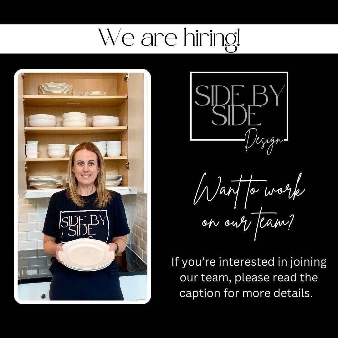 We are hiring!

If you&rsquo;re interested in joining our team, please do the following:

1. Complete the form at the bottom of the home page on our website. 

2. Email 5-10 photos of spaces that you&rsquo;ve organized to sidebysidedesigntexas@gmail.