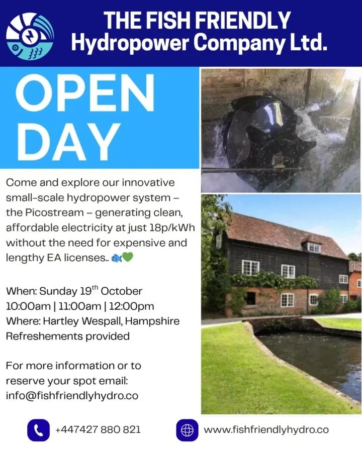 🌊 See the Picostream in Action! ⚡
Join us at Hartley Mill on Saturday 19th October for a relaxed and friendly Open Day! 🐟💚
Enjoy a wander around the site, chat with our team, and sip on some refreshments as you learn how renewable energy can wor