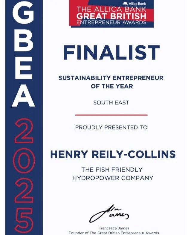 From an idea to protect fish in hydropower systems to a movement for truly sustainable energy - Fish Friendly Hydro continues to make waves. 🌊💡

We&rsquo;re thrilled that our founder, Henry, has been recognised as a GBEA finalist for Sustainability