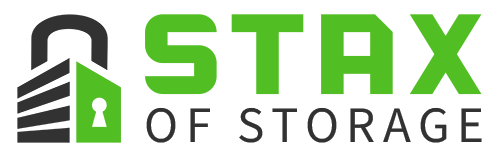 Logo for Stax of Storage featuring a black and gray padlock with a keyhole and the text 'STAX' in green and 'of Storage' in black.
