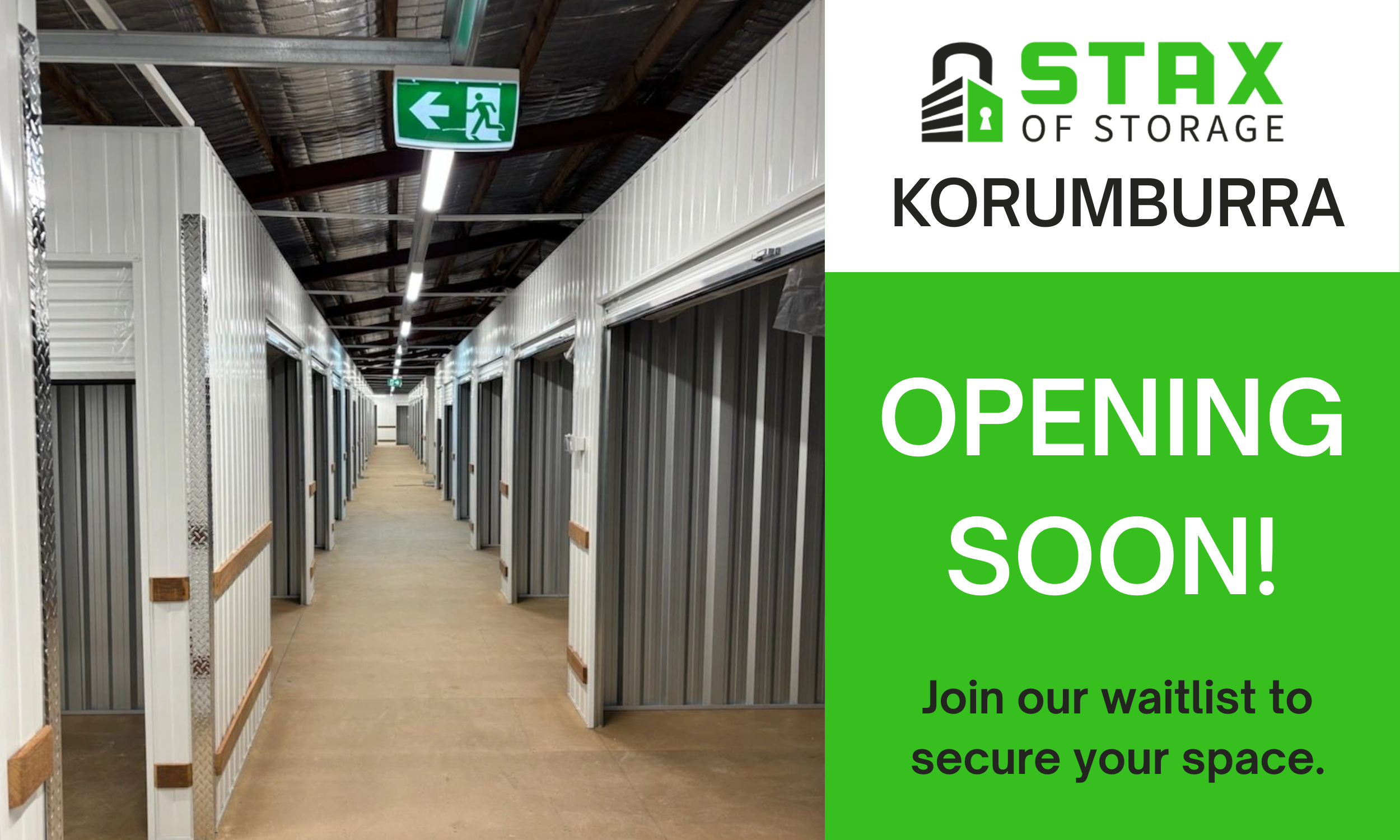 Interior of a storage facility with multiple small storage unit doors along hallway, with green and white emergency exit sign overhead, indicating the direction to exit.