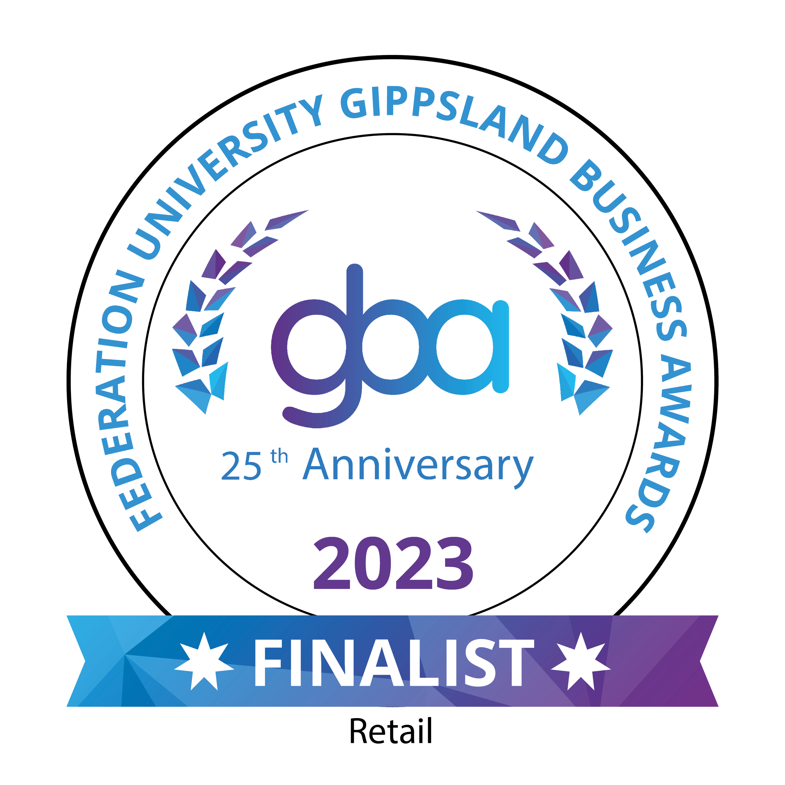 Badge for the Federation University Gipland Business Awards 2023, 25th anniversary, showing a blue and purple ribbon with the word FINALIST, and the federation university logo in the center with laurel leaves.