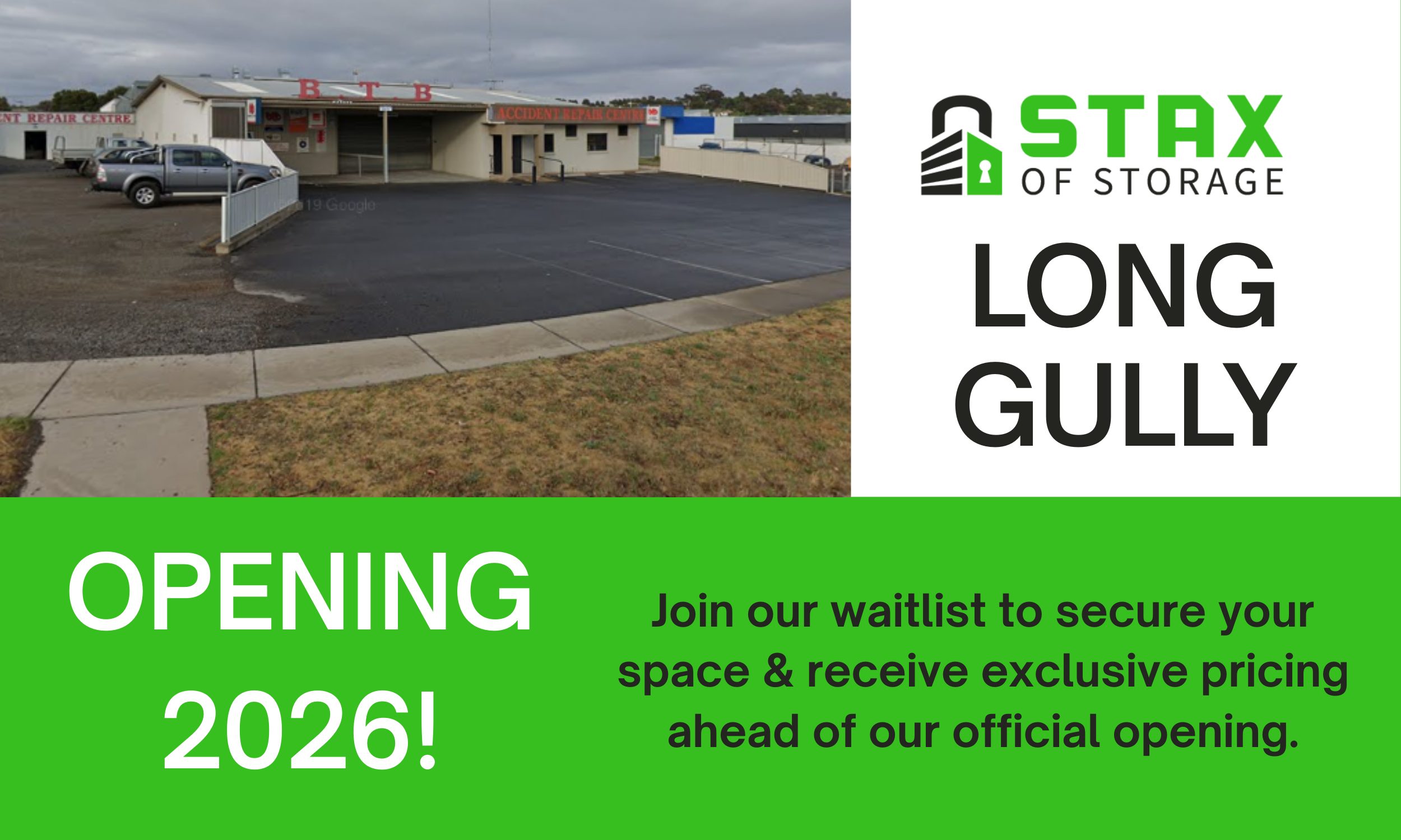 An outdoor parking lot in front of a small building with a sign that reads 'ACCIDENT REPAIR CENTRE' and 'B T B' on the roof. The lot is mostly empty, with a couple of trucks parked near the building. To the right, there is an advertisement for 'STAX OF STORAGE' announcing the opening of a long gully in 2026, with a message encouraging viewers to join a waitlist for exclusive pricing.