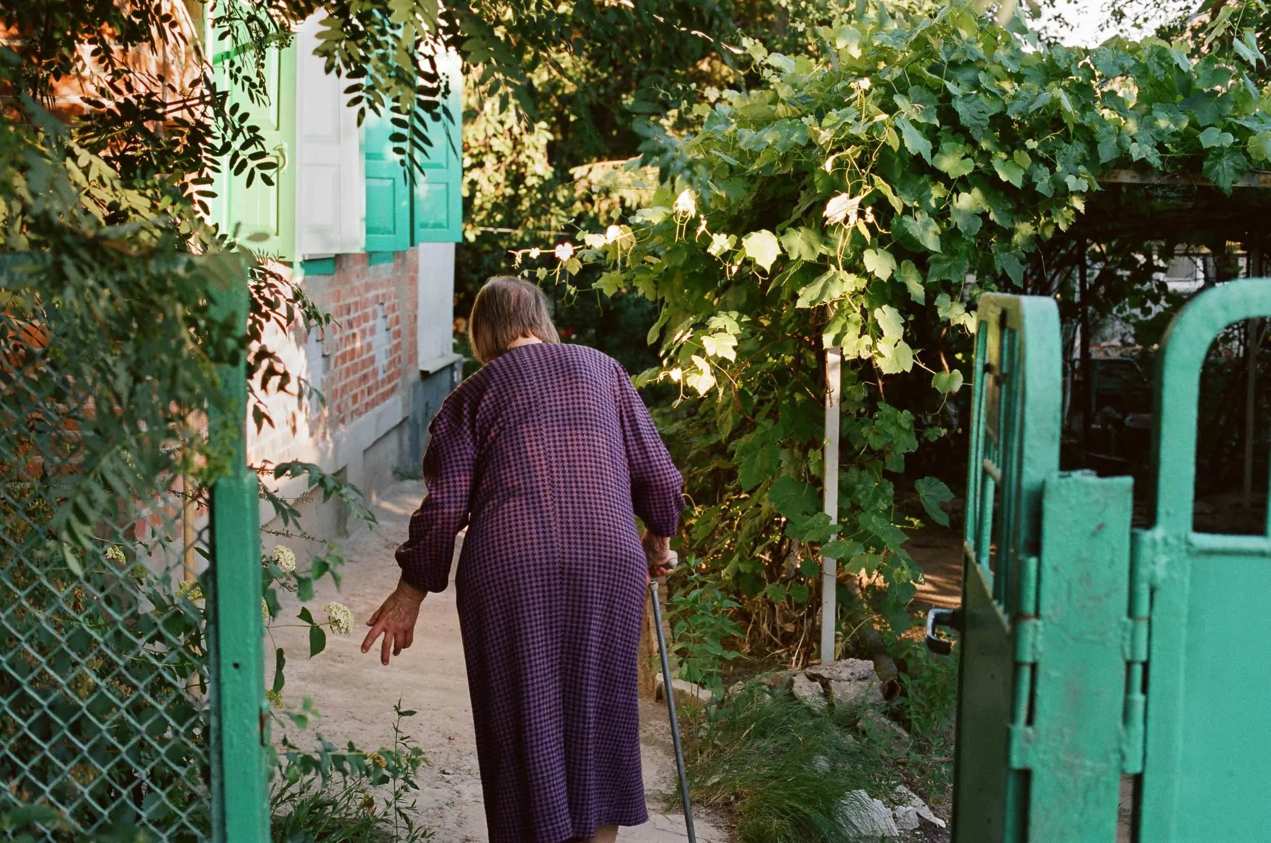 A documentary photograph of an elderly woman with a cane walking down a garden path next to a house with open shutters, surrounded by greenery.