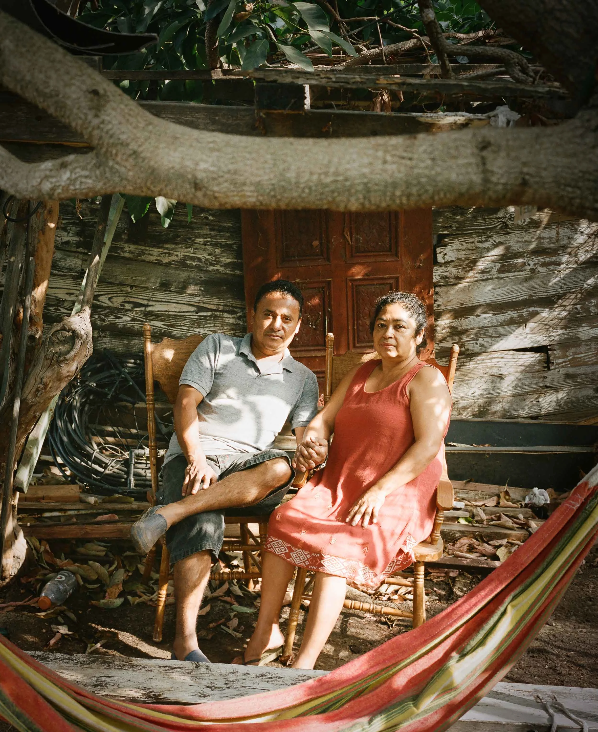 An environmental portrait of a man and woman sitting on wooden chairs outdoors, holding hands, with a rustic wooden background and a tree branch above them.