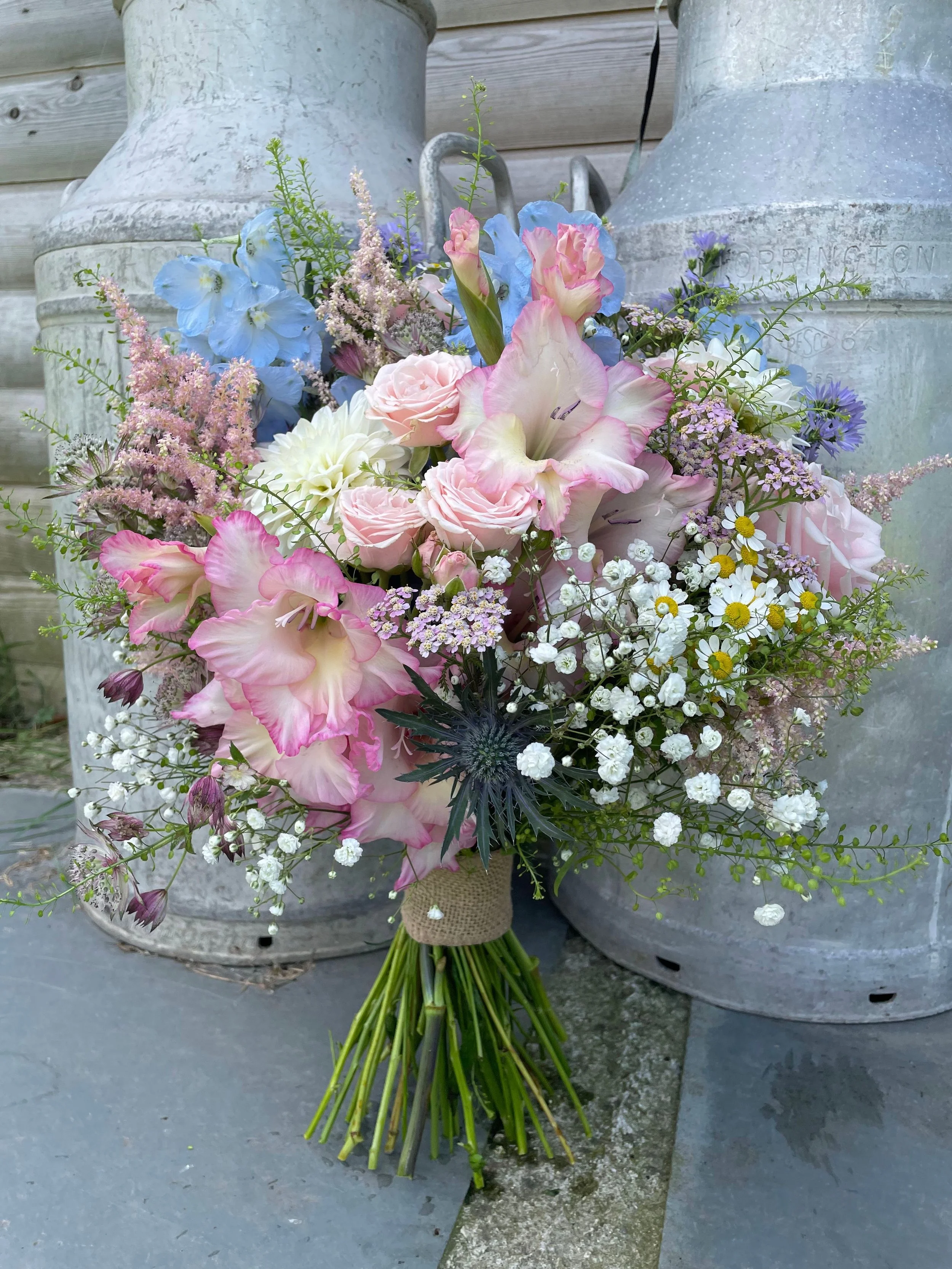 pink and blue bridal bouquet
