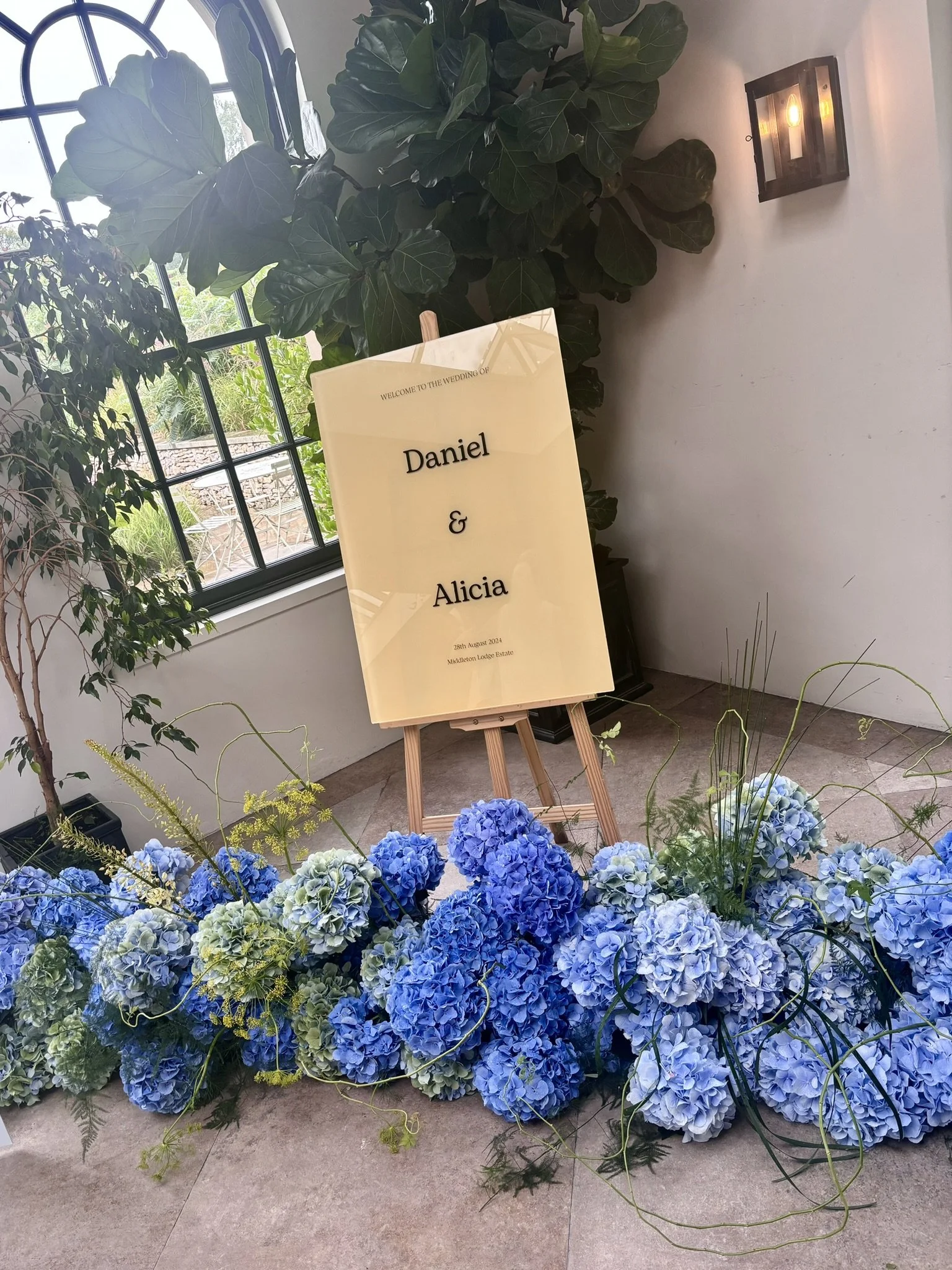 Blue Hydrangea Welcome Sign Florals for Modern Stylish Wedding.JPEG
