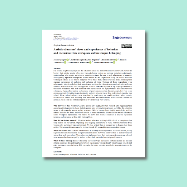 Autistic educators views and experiences of inclusion and exclusion: How work place culture shapes belonging