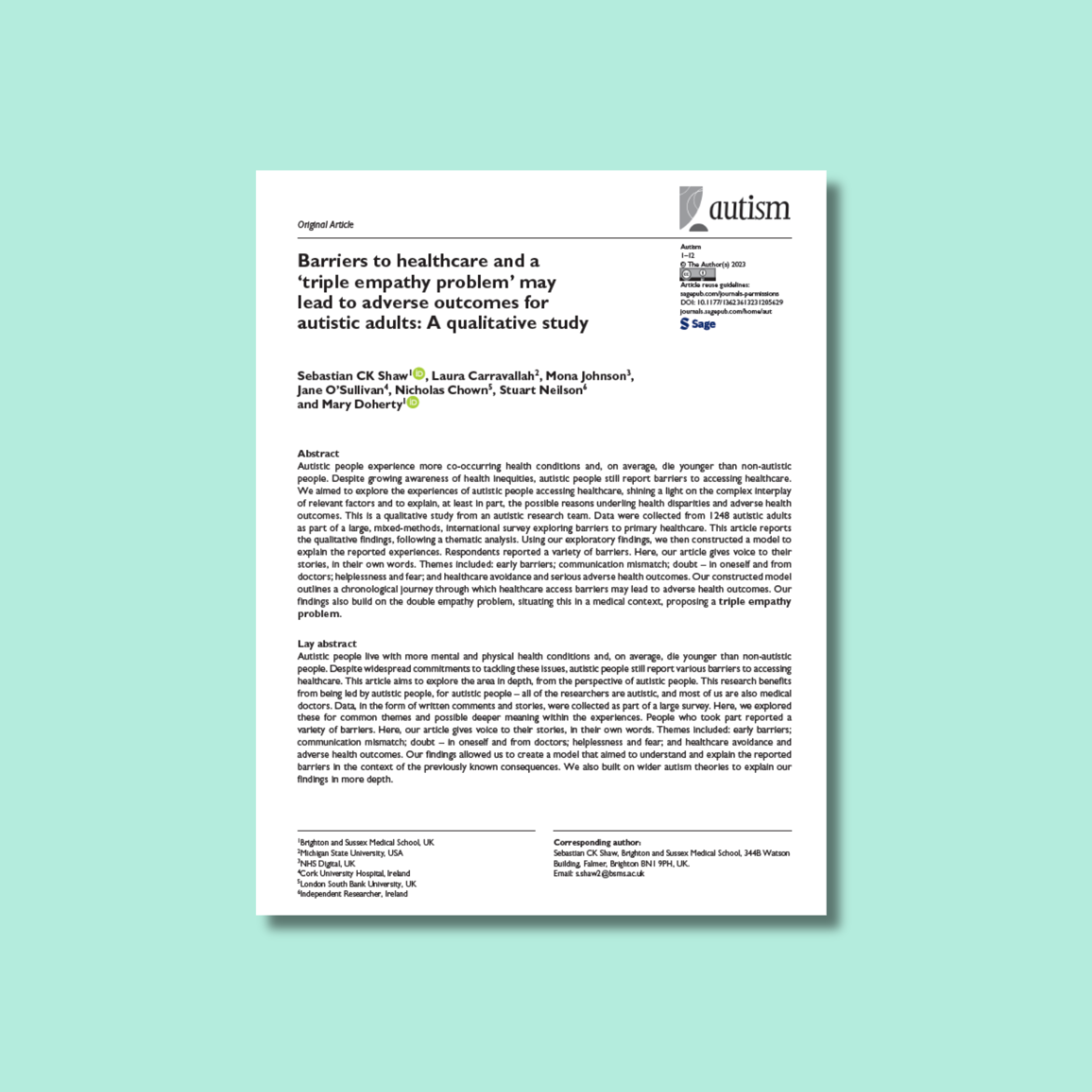 Barriers to Healthcare and a ‘Triple Empathy Problem’ May Lead to Adverse Outcomes for Autistic Adults A Qualitative Study.png
