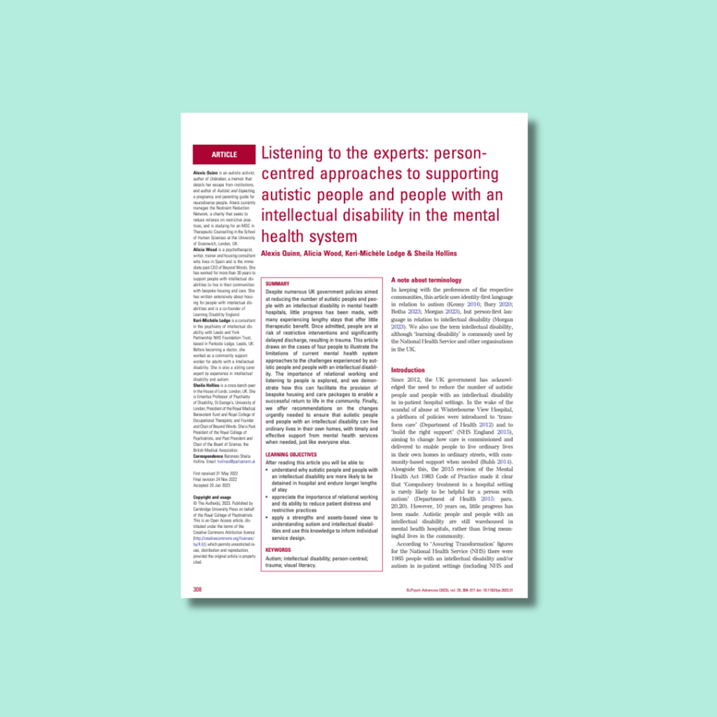 Listening to the Experts: Person-Centred Approaches to Supporting Autistic People and People with an Intellectual Disability in the Mental Health System
