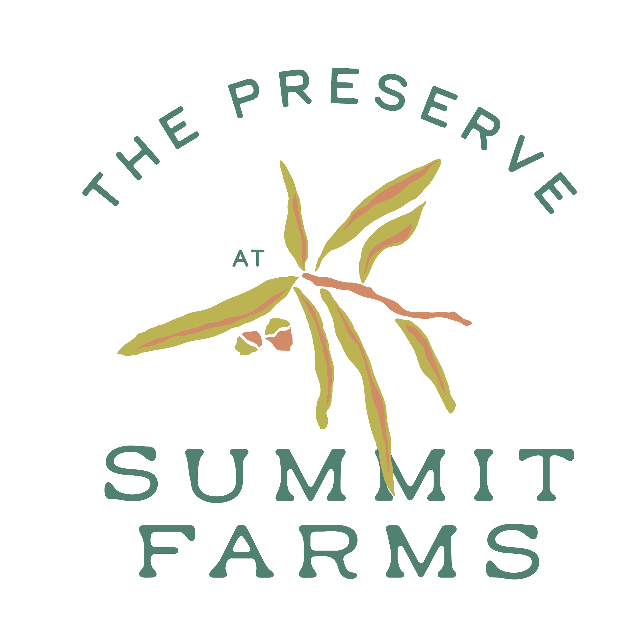 Logo for The Preserve at Summit Farms featuring an illustrated plant with elongated leaves and small nuts, with text arranged in a circular pattern around the plant.