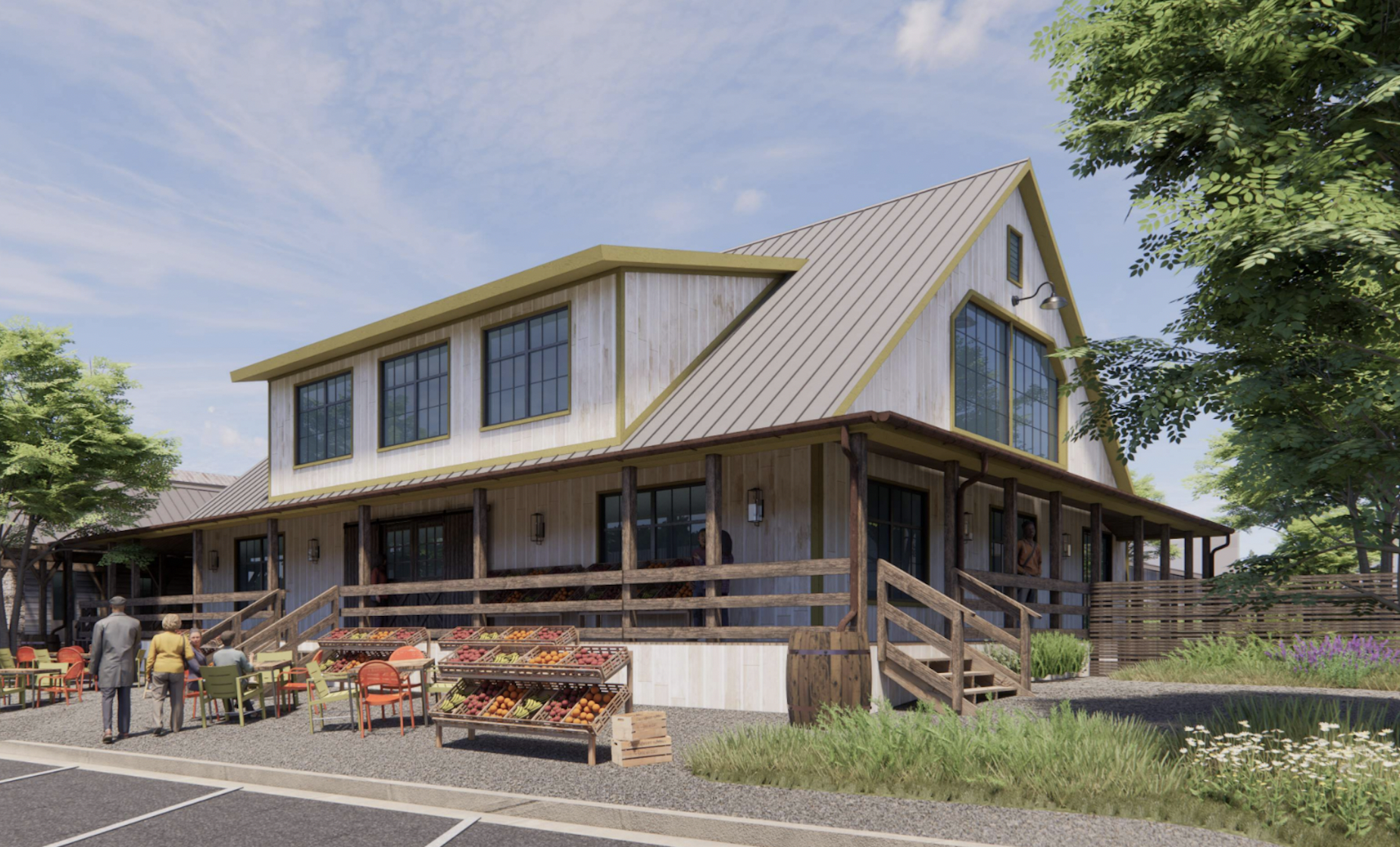 A modern two-story building with wooden siding, large windows, and a metal roof, surrounded by trees and greenery. There is a small outdoor seating area with chairs, tables, and fruit displays, with people interacting near the building.