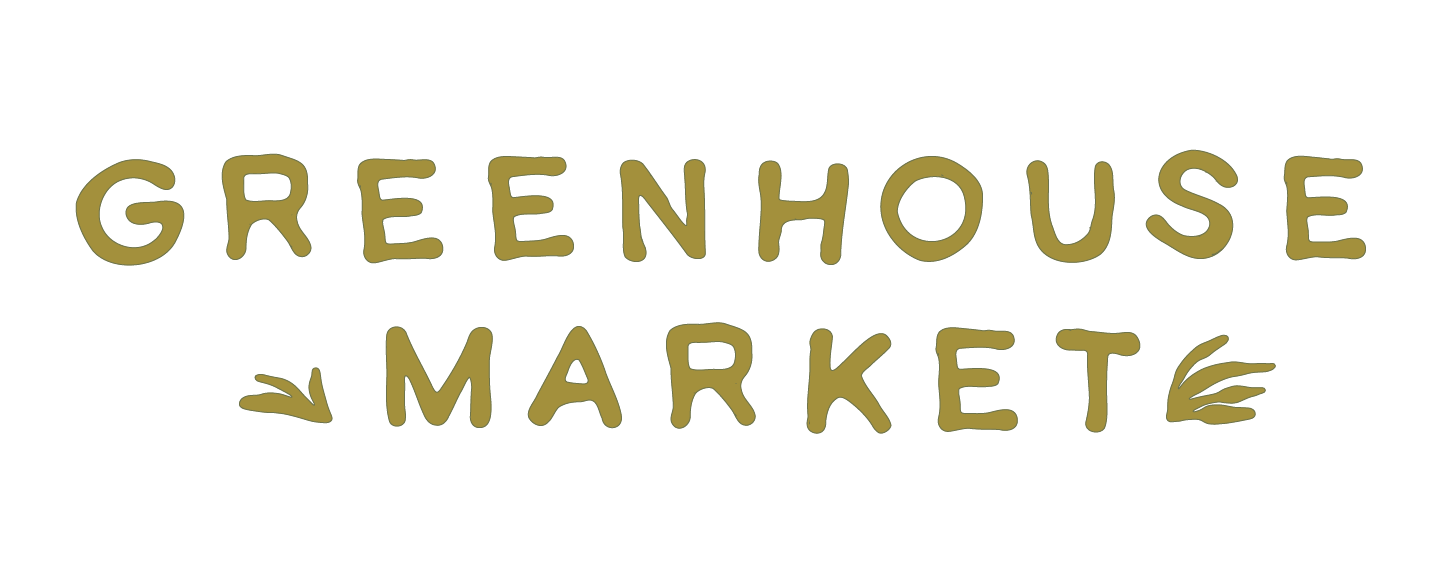 In Green: Greenhouse Market logo with stylized text and small leaf illustrations