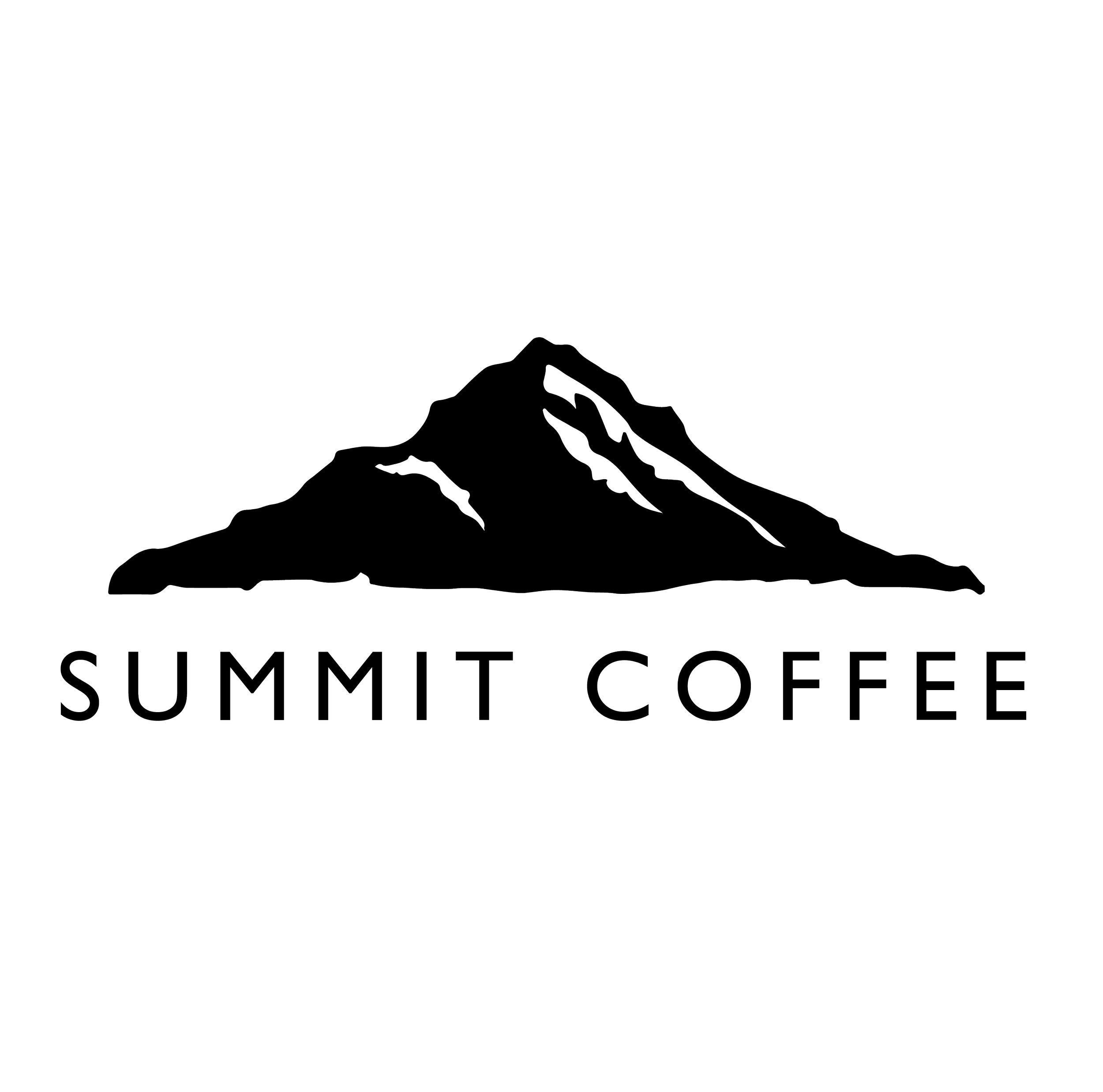 In black: Outline drawing of a mountain with the words 'SUMMIT COFFEE' beneath it.