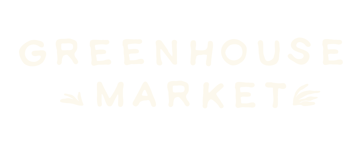 In beige: Text showing "greenhouse market" with two organic leaves on the each side of the word market.