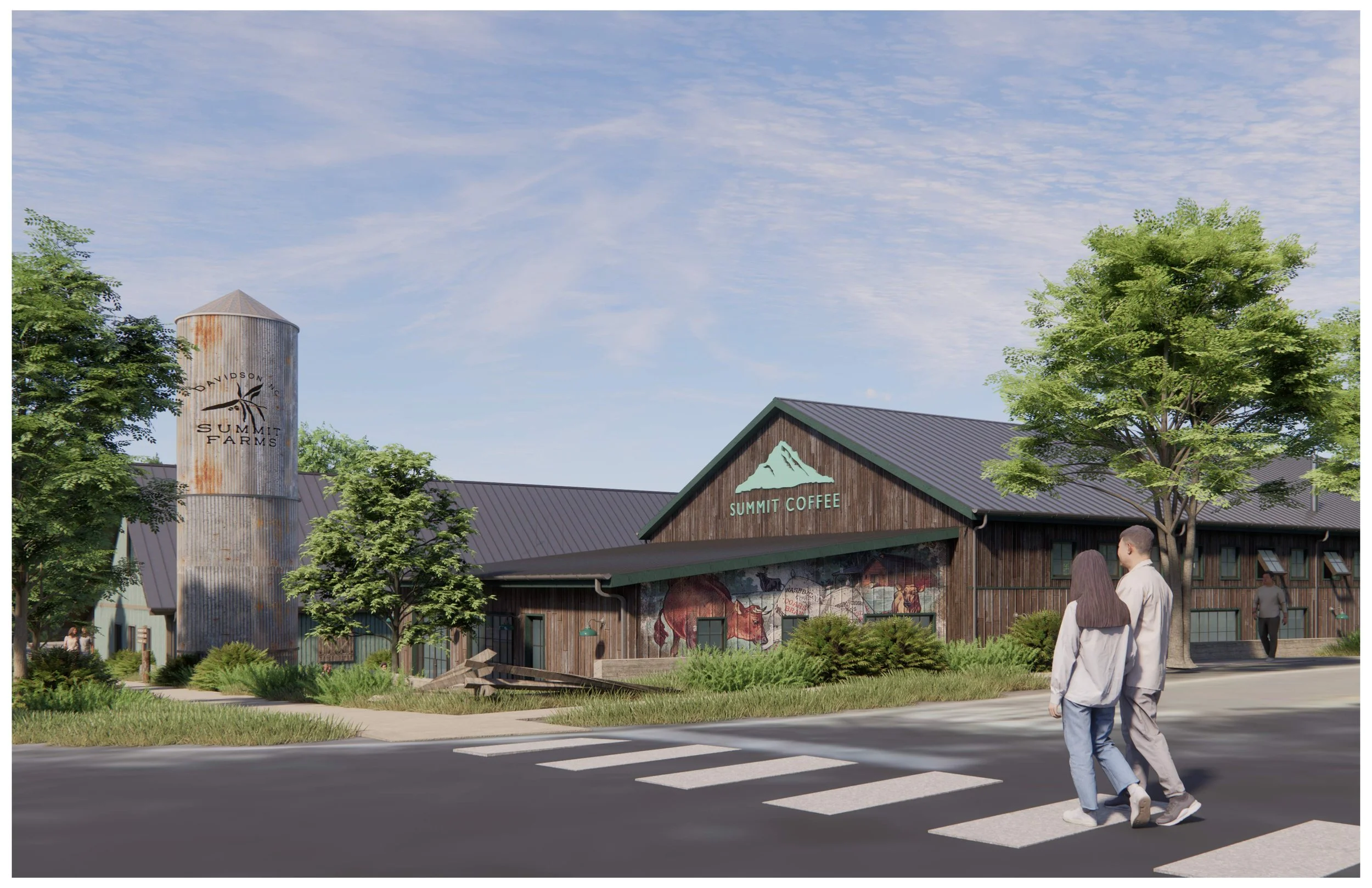 Exterior of Summit Coffee roastery with large logo on exterior, wooden siding, and a sign, surrounded by greenery and a clear blue sky.