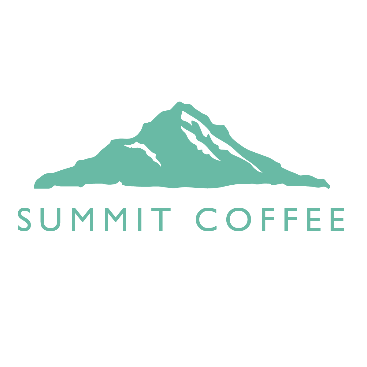 In Jade: Outline drawing of a mountain with the words 'SUMMIT COFFEE' beneath it.