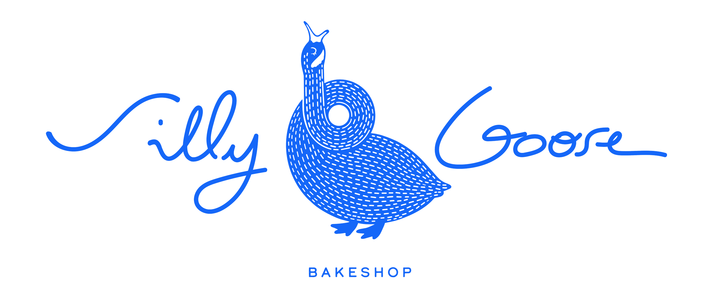 A logo for Silly Goose Bakeshop featuring a stylized blue goose with a donut-shaped body and a small beak, with the words 'Silly Goose' in cursive and 'BAKESHOP' below in capital letters.